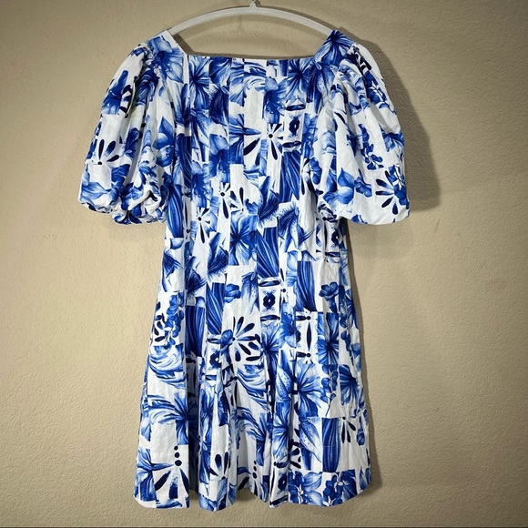 Caroline Constas white blue linen blend Garden tile Farm mini dress Sz 6 Party - Picture 7 of 15